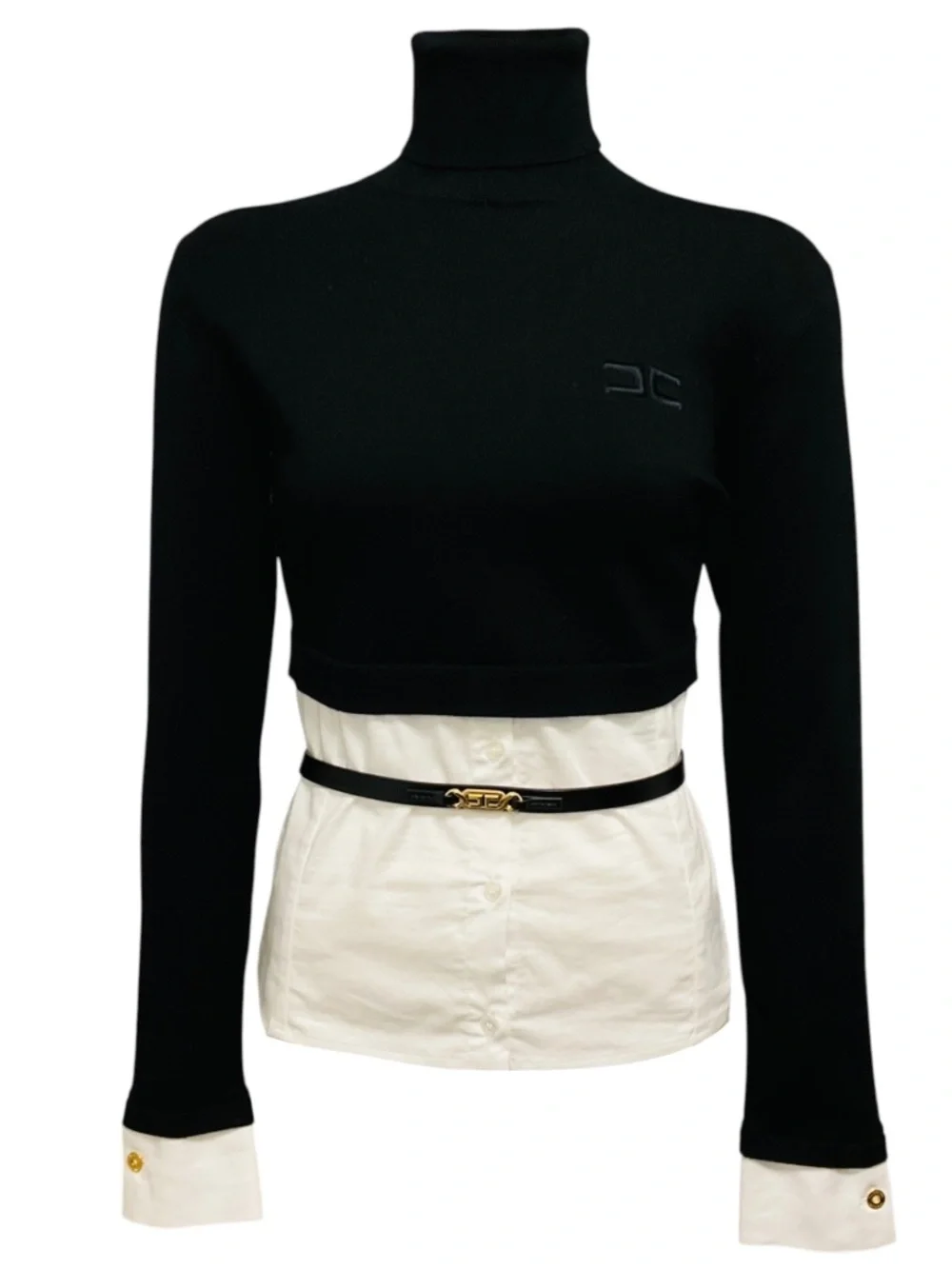 Elisabetta Franchi Black / White Viscose Knit Turtleneck Sweater Top with Cotton